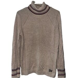 Tommy Hilfiger Tan Natural Logo Ribbed Knit Turtleneck Sweater Women's Sz Large